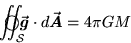 \begin{displaymath}\oSurfIntS \Vec{g} \cdot d\Vec{A} = 4 \pi G M
\end{displaymath}