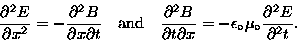 \begin{displaymath}{\partial^2 E \over \partial x^2} = -
{\partial^2 B \over \ . . . 
 . . .  \epsilon_\circ \mu_\circ {\partial^2 E \over \partial^2 t} .
\end{displaymath}