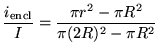 $\ds{ {i_{\rm encl} \over I } =
{\pi r^2 - \pi R^2 \over \pi(2R)^2 - \pi R^2 } }$